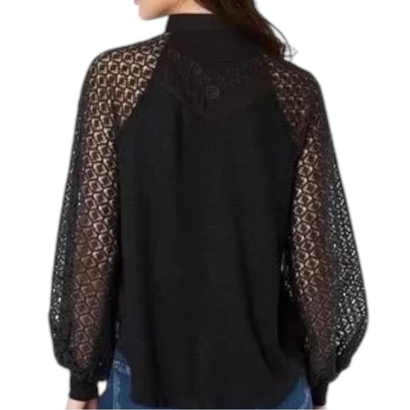 Free People Sweetest Thing Thermal Top Lace Sleeves Black Small Embroidered - Picture 5 of 8